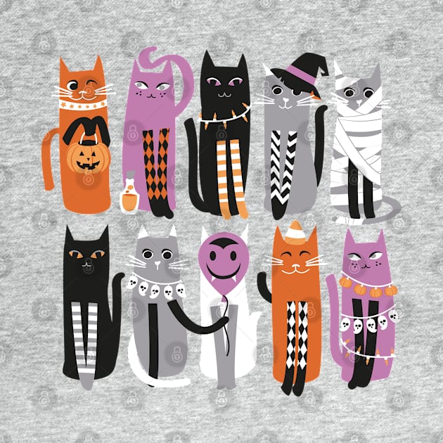 High Gothic Halloween Cats // print // purple background orange grey purple white and black kittens by SelmaCardoso